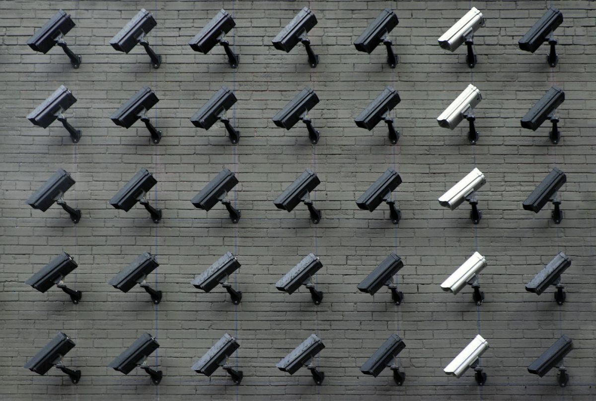 Wall of CCTV security cameras