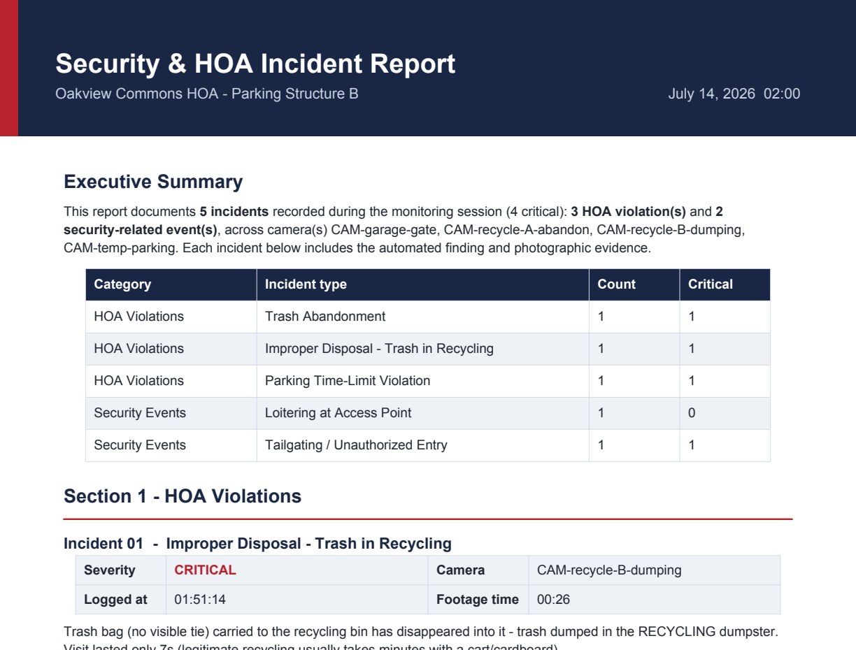 First page of a real Sereno incident report: letterhead, executive summary, and a table of incident counts by category